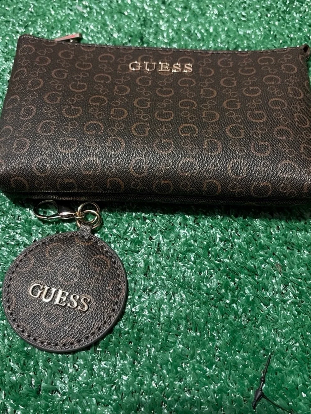 Guess Black Monogram Zip Card & Key Pouch with Gold Logo